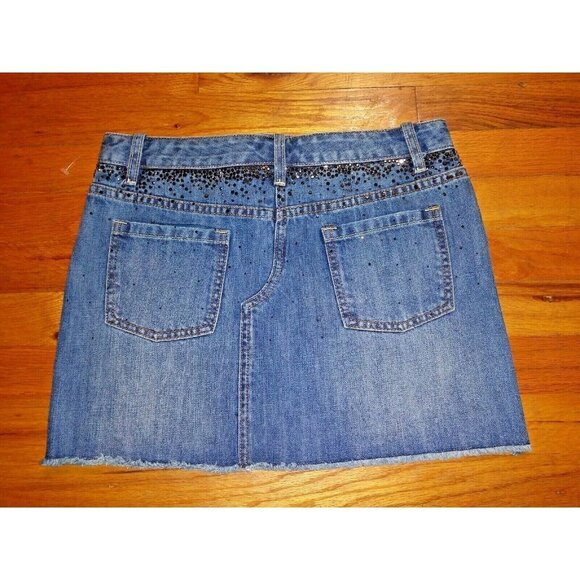 Denim Mini Skirt embellished rhinestones WAIST 30" POCKETS X2 blue frayed hem - Picture 2 of 8